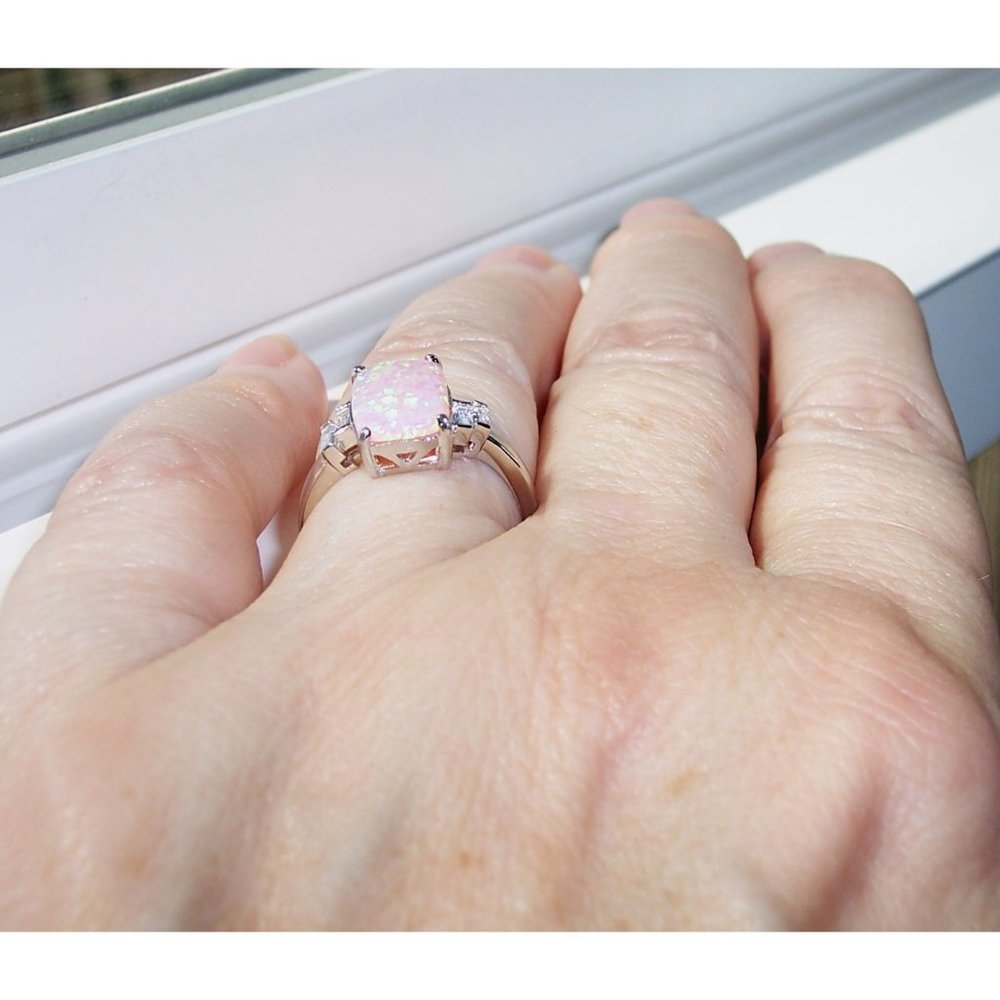 925 STERLING SILVER Lab Created Pink Fire Opal Cubic Zirconia Ring - Picture 5 of 16